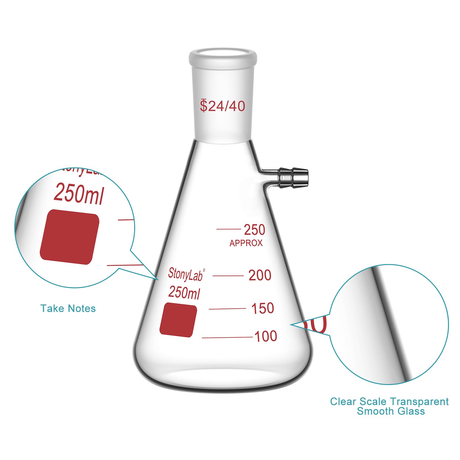 stonylab Pallone di Filtraggio con Giunto Esterno Conico Standard 24/40, Pallone di Filtraggio in Vetro Borosilicato a Parete Pesante, Collo a Vite con Tubazione, 250 ml