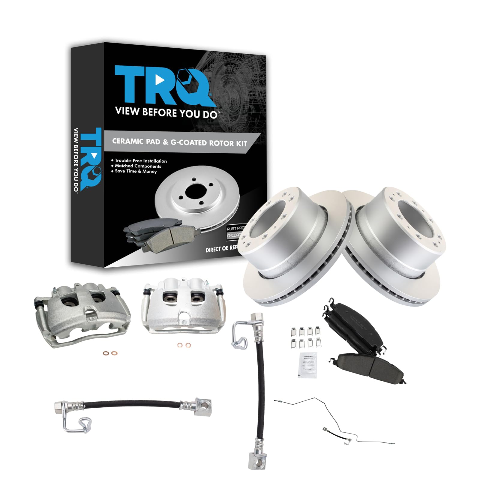 TRQ Rear Brake Pad, Caliper, Hose, &amp; Rotor Kit Ceramic Premium G-Coated Compatible with 2009-2010 Dodge Ram 2500, 3500 2011-2013 Ram 2500 2011-2012 3500