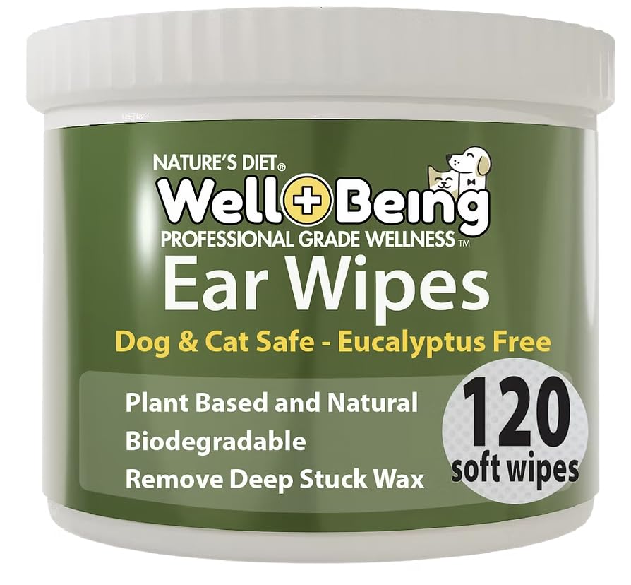 Nature's Diet Well-Being Ear Wipes with Aloe Vera for Dogs and Cats - Safe Eucalyptus Free - Gently Cleans Eliminates Odor and Itching - 120 Biodegradable Soft Wipes