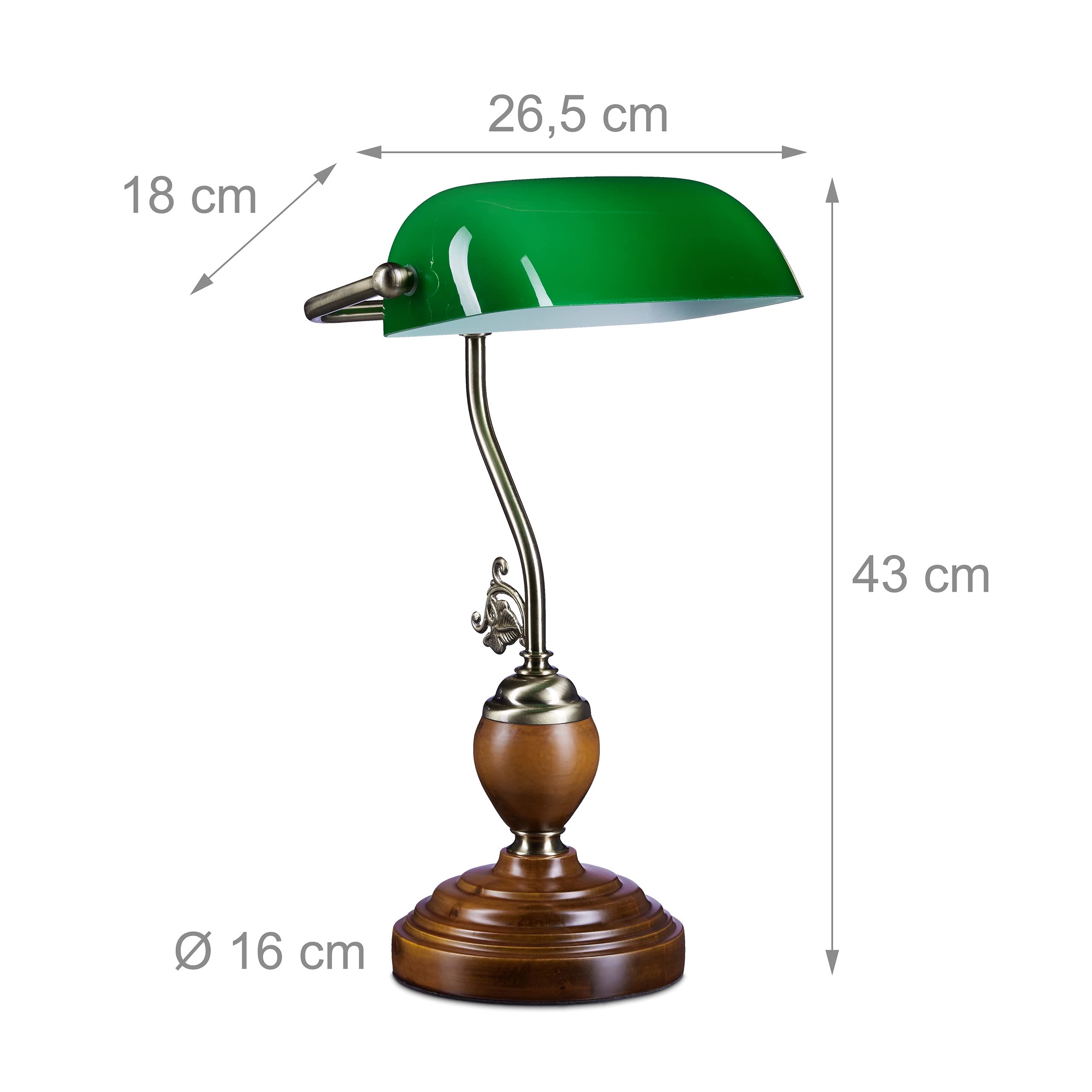 Relaxdays Bankerlampe Holzfuß grün Klassiker Schreibtischlampe Retro Tischlampe Banker Lampe Messing-Optik & geschwungenen Verzierungen der 30er Jahre Holz Gals Metall 26,5 x 43 x 18 cm E27 10016607