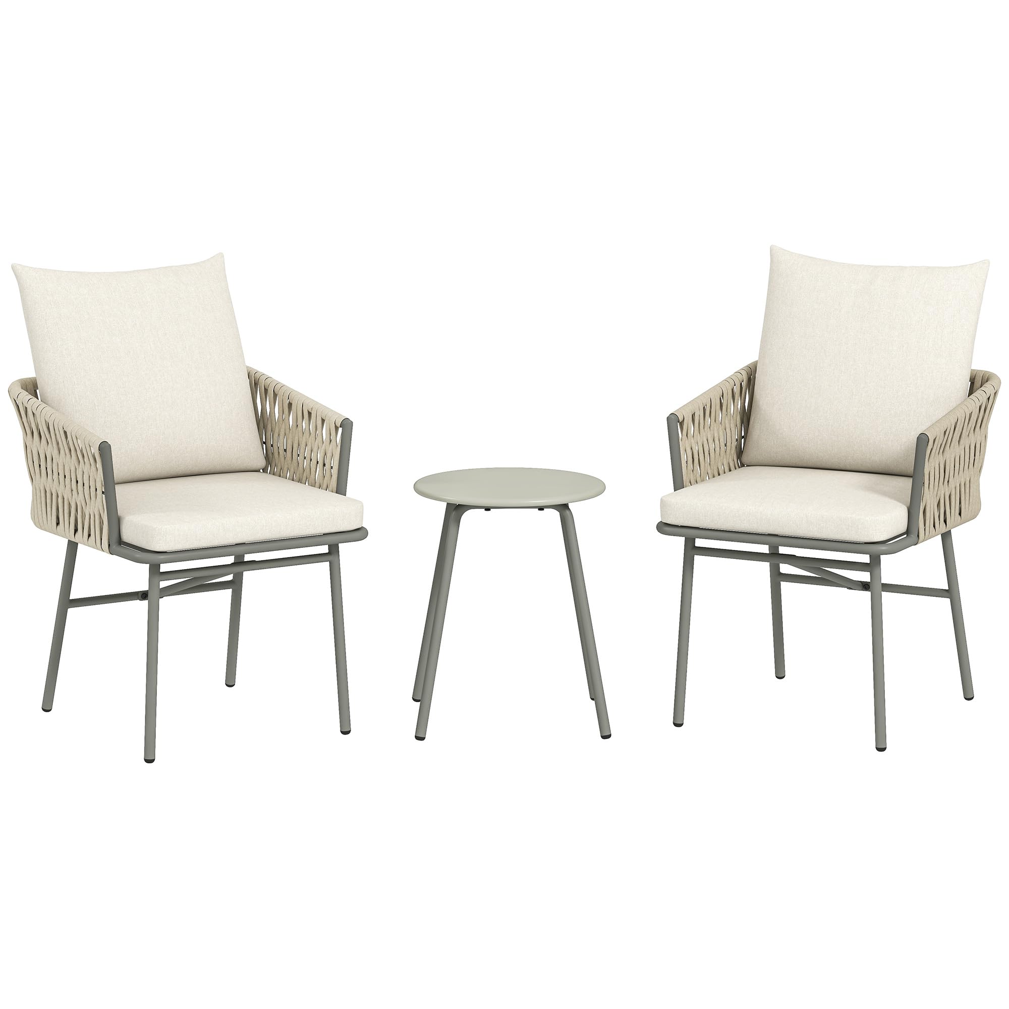 Outsunny Conjunto de Jardín Exterior de 3 Piezas Muebles de Jardín con 2 Sillas con Cojines Extraíbles Lavables y Mesa Terraza con Tablero de Metal Impermeable Anti-UV para Balcón Patio Gris y Crema