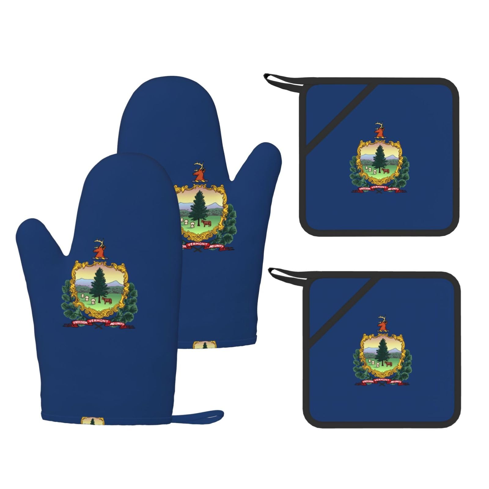 Nimongt Black Vermont State Flag Print Heat Resistant Gloves Pads Reusable Kitchen Set Oven Baking Grilling Cooking