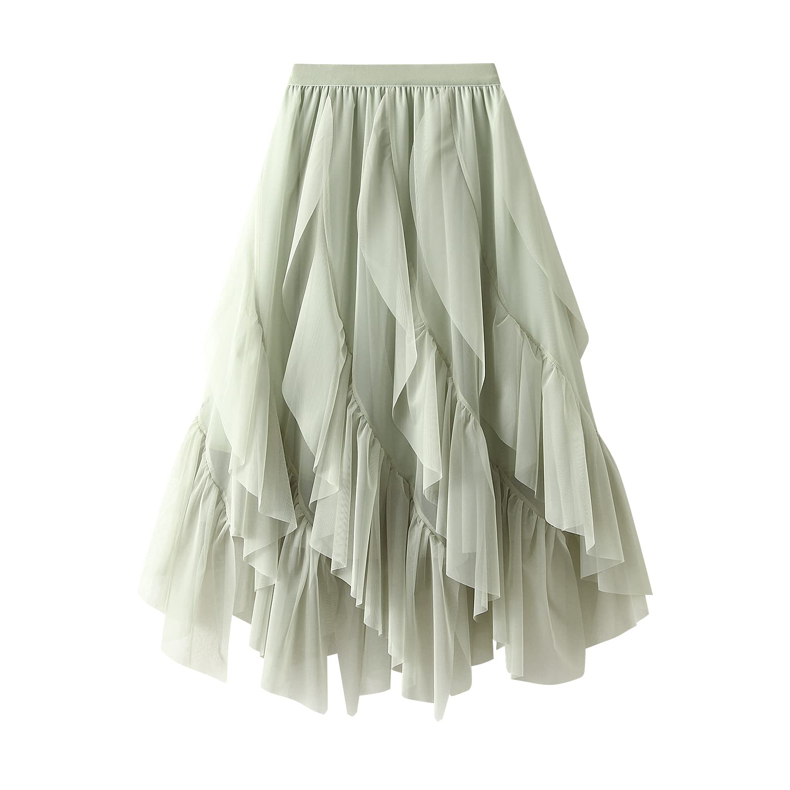 Jupes asymétriques en tulle pour femme - Taille haute élastique - Jupe tutu plissée - Jupe midi décontractée en maille, Vert plissé, taille unique