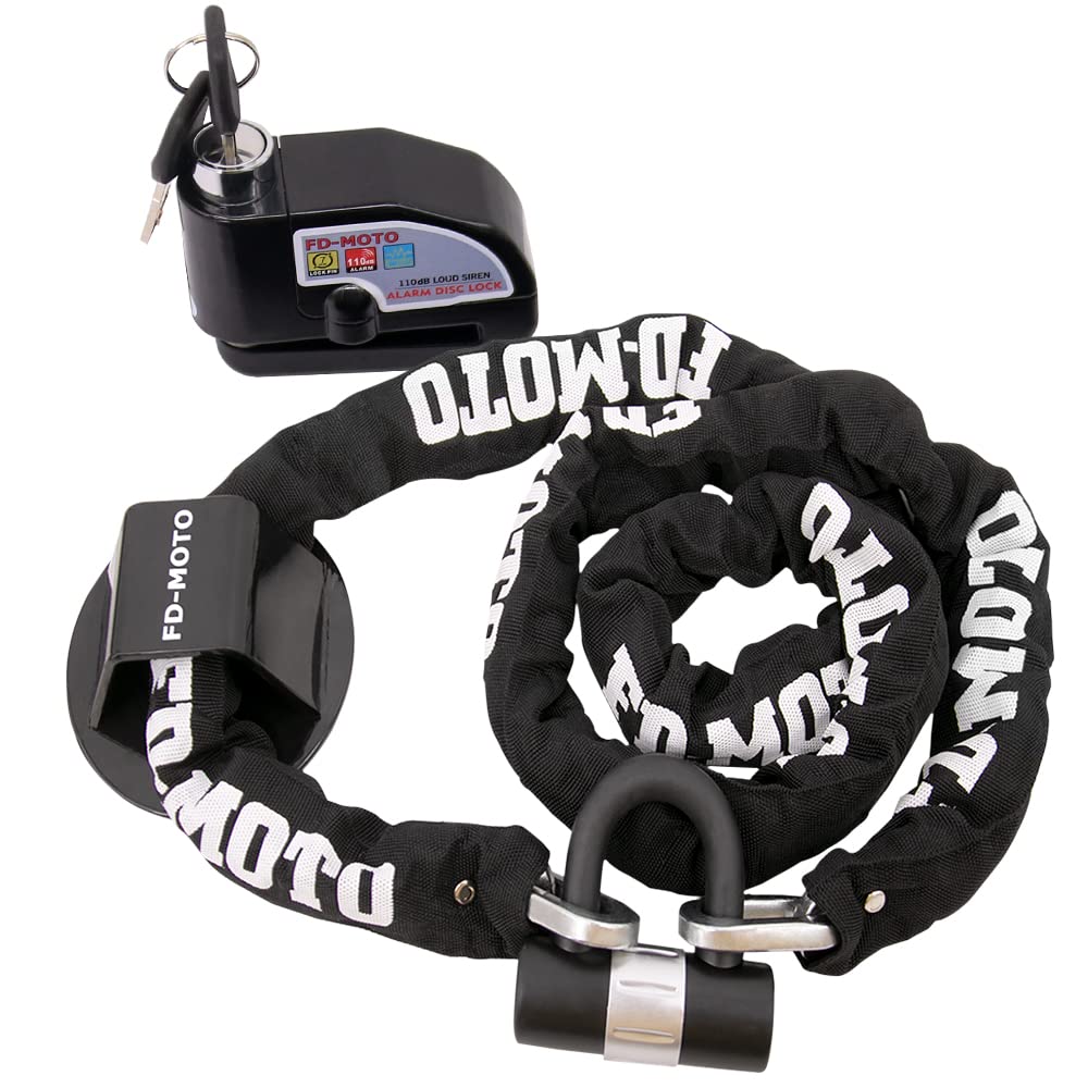 FD-Moto 4.3KG Anti-Theft 2M*10mm Chain Lock Padlock + Alarm Brake Disc Lock Black + Ground Wall Anchor Heavy Duty for Motorbike Motorcycle Scooter Bike Bicycle ATV