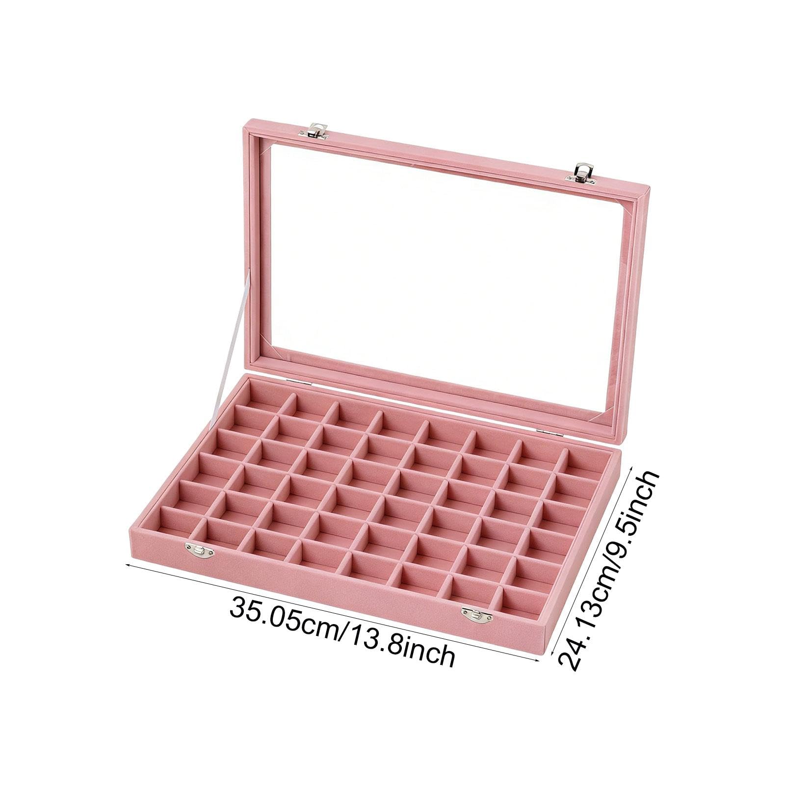 Qianly Jewelry Tray Organizer con 48 Scomparti Regolabili Porta Anelli Orecchini Collane Bracciali Custodia Robusta con Coperchio Trasparente in Tessuto, Rosa