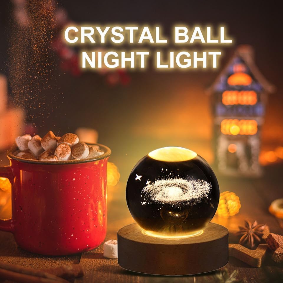 Image of 3D Galaxy Crystal Ball Night Lamp, Lamp with Colourful LED Light, Crystal Ball with Wood Stand, Birthday Gifts for Boyfriends, Night Light Galaxy Planet Art Gifts Lamp (Galaxy Night lamp)