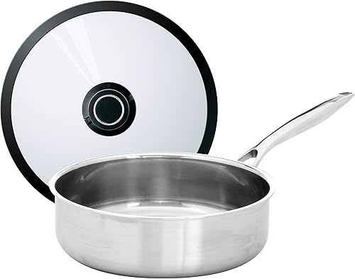 Miniatura 1 de Black Cube Sartén de acero inoxidable de 3 cuartos de galón con tapa, 3 capas de acero de grado profesional de 9.5 pulgadas, plateado, apto para