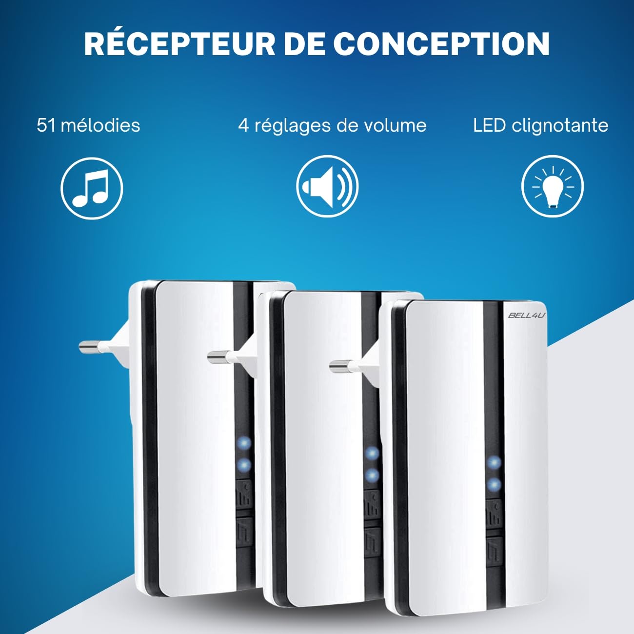 Sonnette sans Fil Bell4U, IP65 Exterieur Étanche Carillon 100 Mètres Trois Récepteur Sonnette Electronique, 51 Mélodies 4-Niveaux LED Bleu, pour Maison, Hôtel, Urgence, Blanc