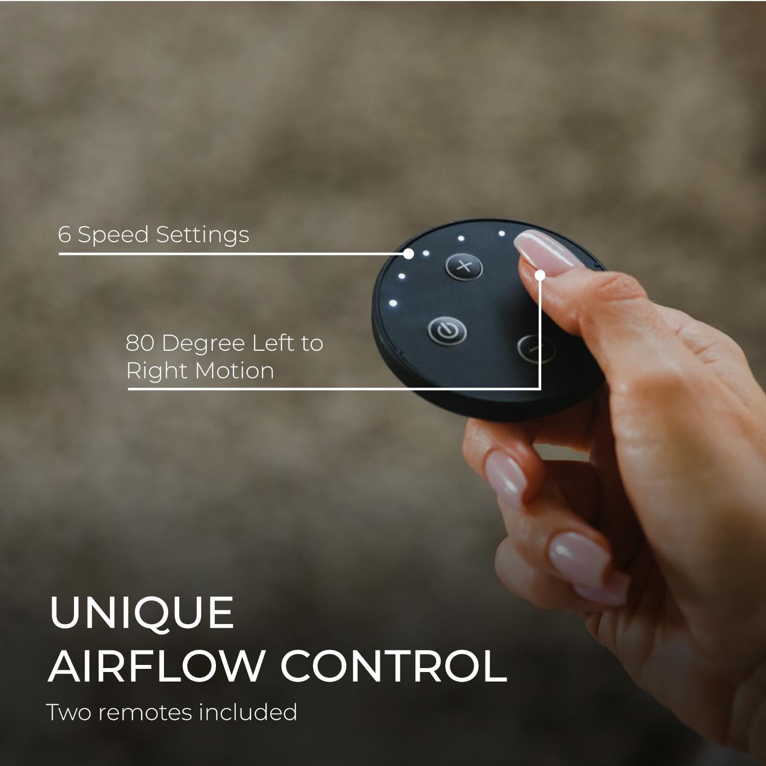Everdure Pedestal Fan remote control showing 6 speed settings and 80 degree left to right motion