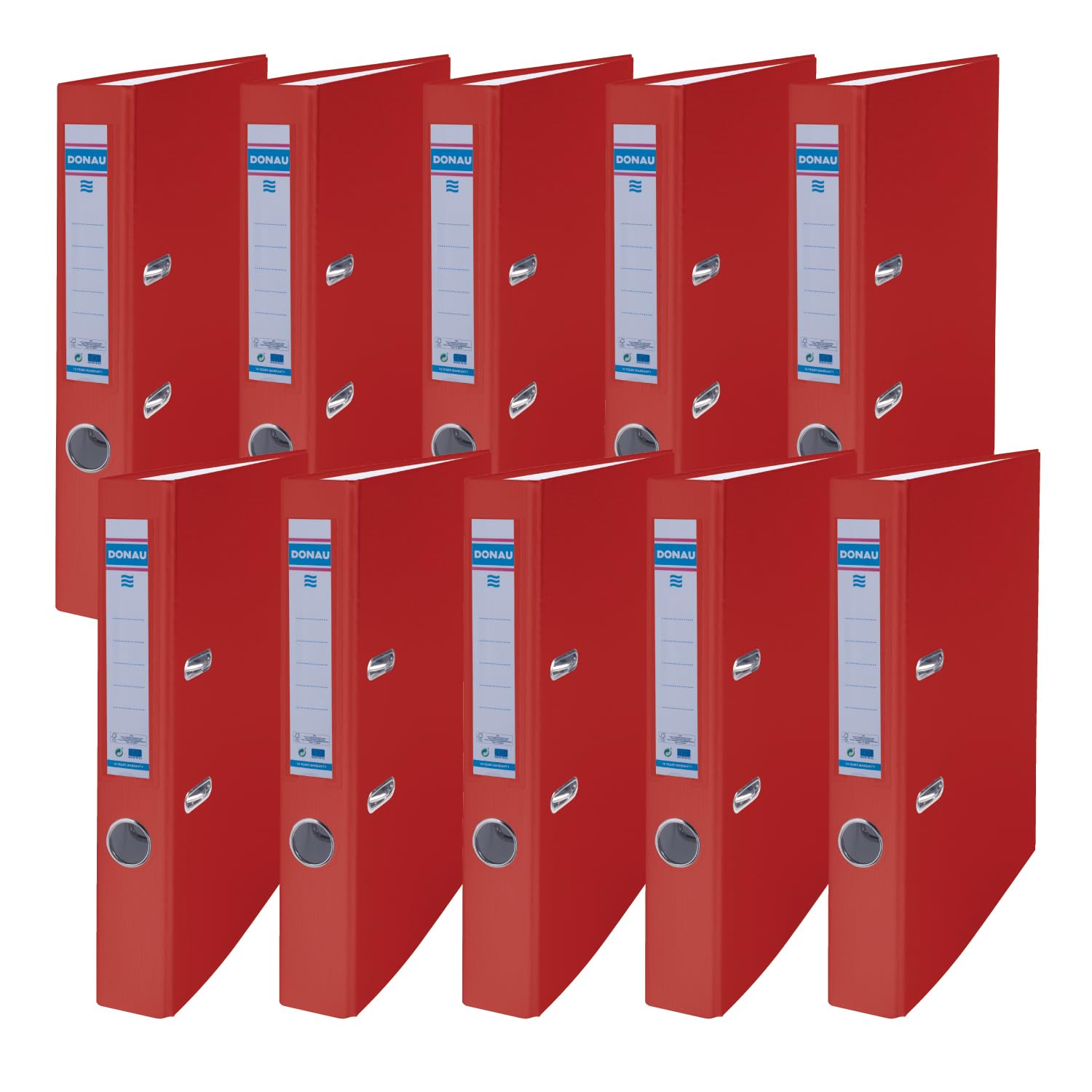 Donau Master Binder Lever Arch File Pack of 10 FSC/DIN A4 / 5 cm / Red/Plastic Cover PP/Cardboard Paper Slot Ring Binder Office File