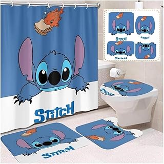Cute Stitch Shower Curtain Set 4 Piece with Non-Slip Rugs, Toilet Lid Co...