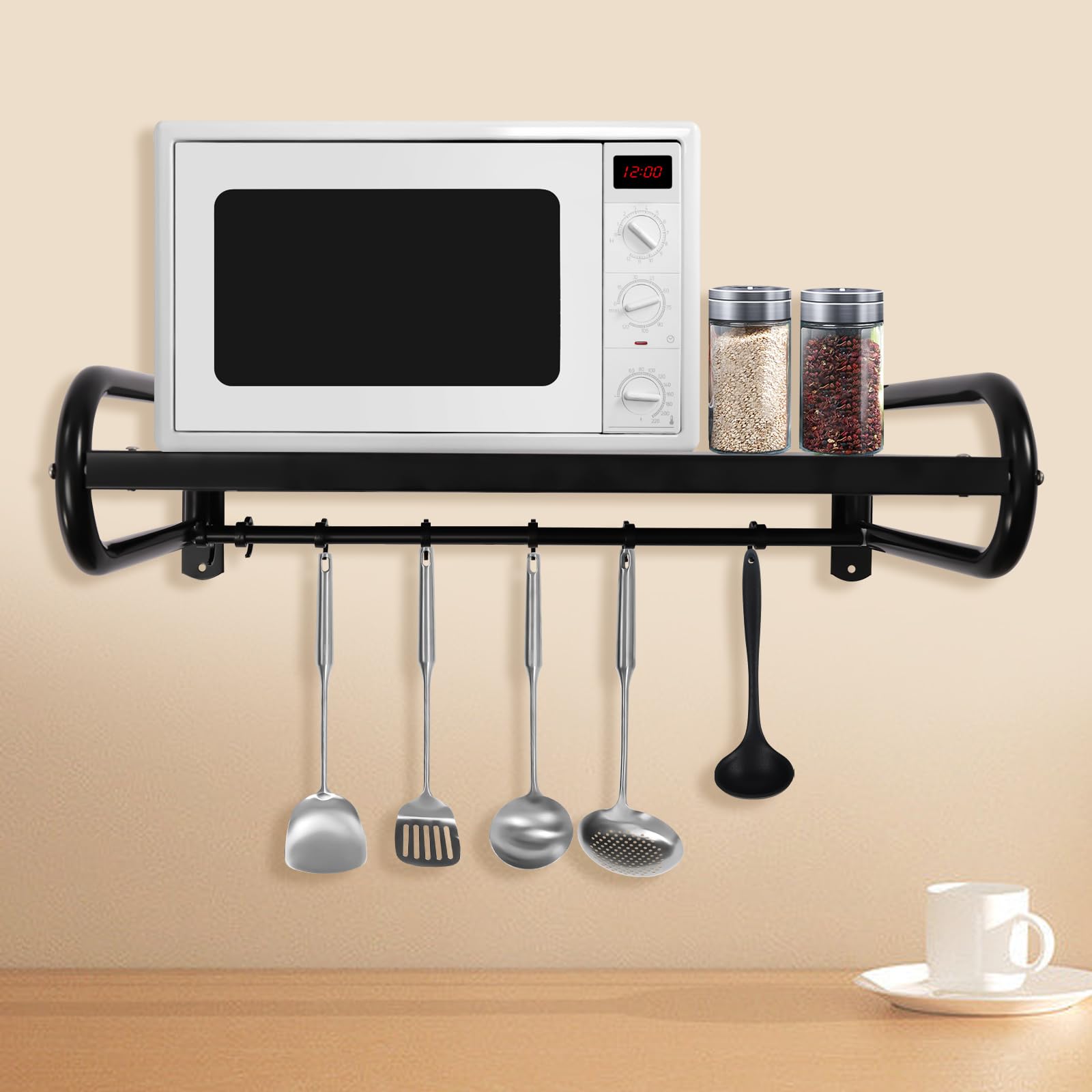 Estantería para microondas, soporte de pared, soporte para microondas, soporte para microondas, soporte de pared para cocina, con 6 ganchos móviles, grosor de acero inoxidable, soporte para