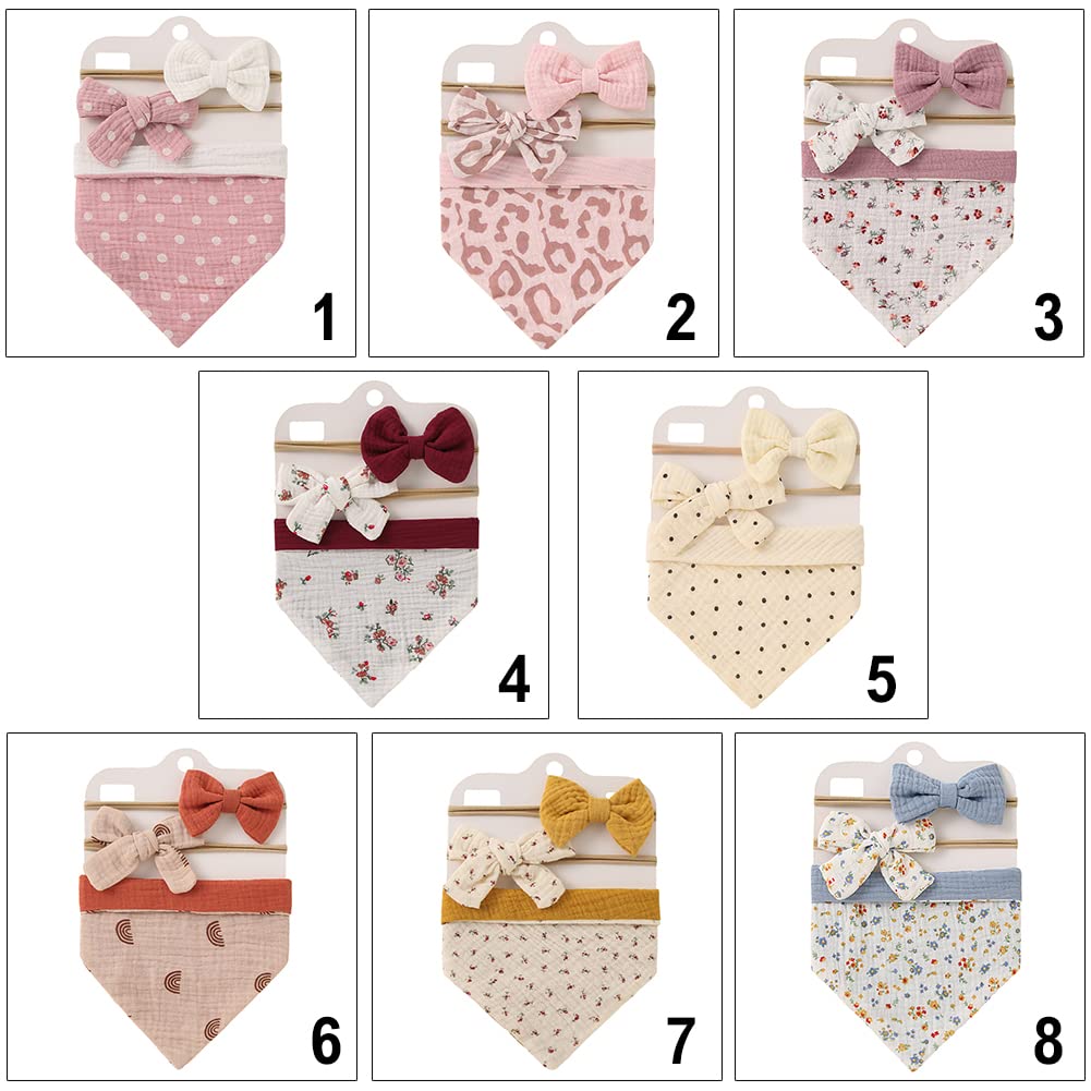 Surakey Baby Bibs for Girls Boho Cotton Drooling Bibs with Headband Saliva Towel Adjustable Cotton Bib Bow for Newborn, Type 1