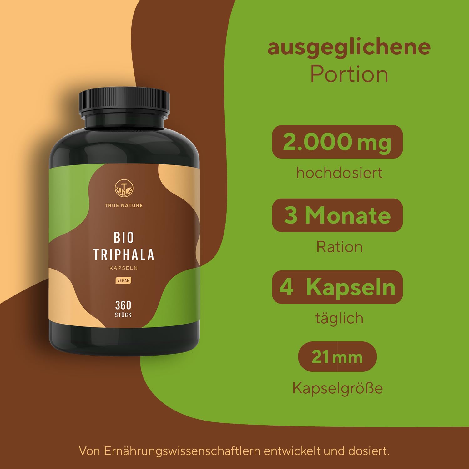 Bio Triphala - Hochdosiert mit 2.000mg (500mg je Kapsel) - 360 Kapseln - Premium Triphala Pulver aus Indien: Haritaki, Amalaki, Bibhitaki - Ohne Zusatzstoffe - Vegan, deutsche Produktion - TRUE NATURE