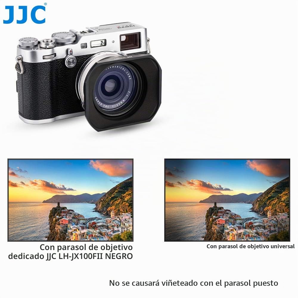 JJC Parasol cuadrado de metal con tapa de capucha para Fujifilm X100 Series y X70 | Capucha reversible de aluminio anodizado negro con tapa de lente deslizante, se adapta a filtro de 49 mm de diámetro