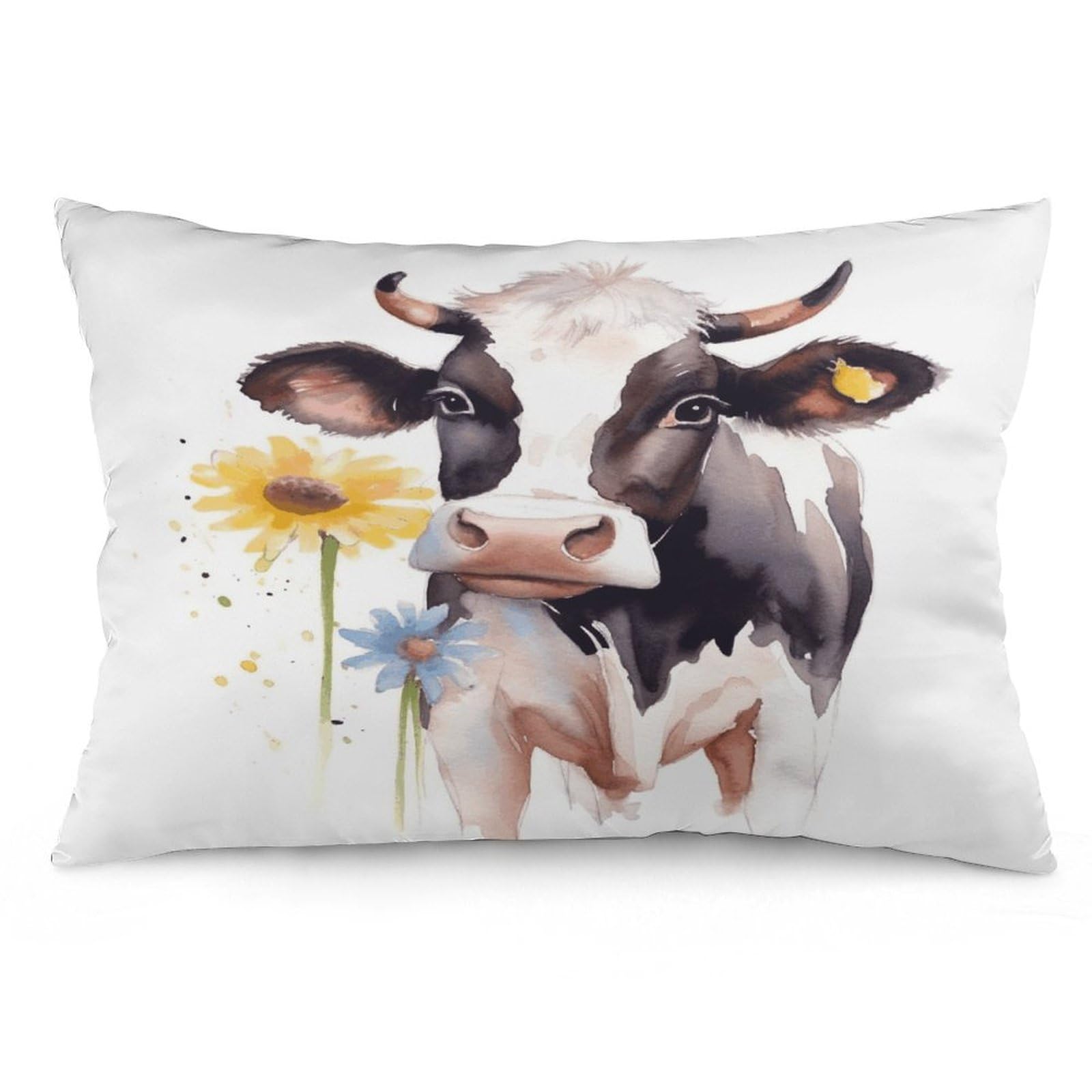 Watercolor Cow and Daisy Flower Throw Pillow Cover Soft Lumbar Pillow Covers with Zipper Breathable Rectangular Cushion Case Polyester Pillow Case Decorative Body Pillow Cover for Couch Bed