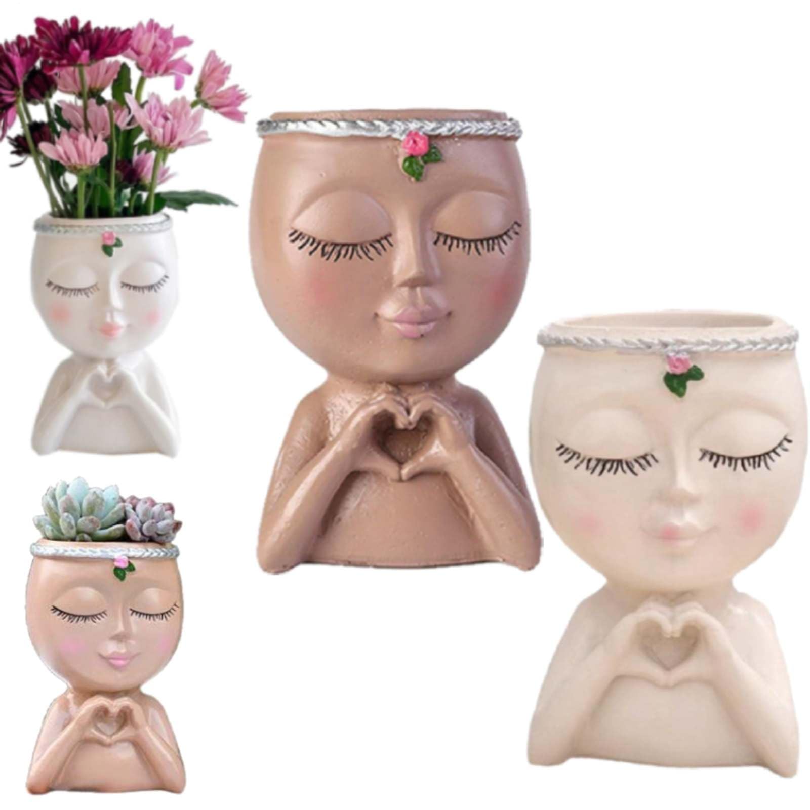 Face Planter Pot with Heart Hands, Unique Resin Head Planter for Indoor Plants, Cute Succulle-nt Pot with Drainage Hole,Decorative Makeup Brush Holder for Vanity,Gardening Gifts for Women Mom Teacher