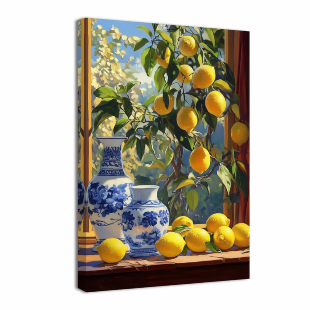 ZQQART Lemon Pictures for Wall Kitchen Fruit Wall Decor Yellow Citrus with Blue Pottery Canvas Prints for Dining Room Farmhouse Framed(Orange,42L x 28W)