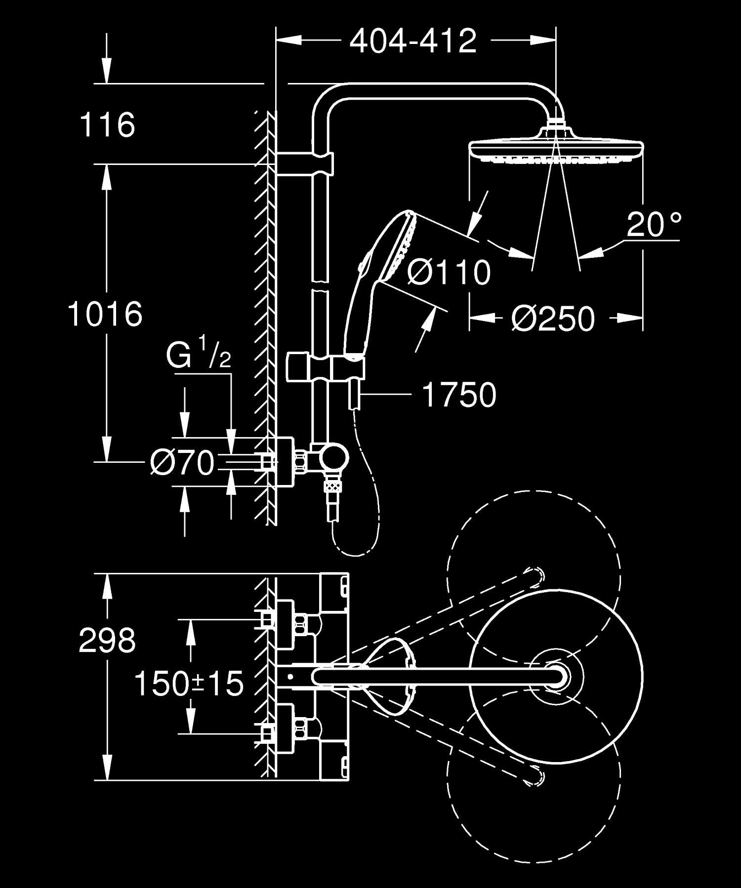 GROHE Vitalio Start 250 Colonna Doccia con Termostatico (soffione tondo 25 cm, doccetta 2 getti, termostatico, risparmio idrico), Cromo, 26677001