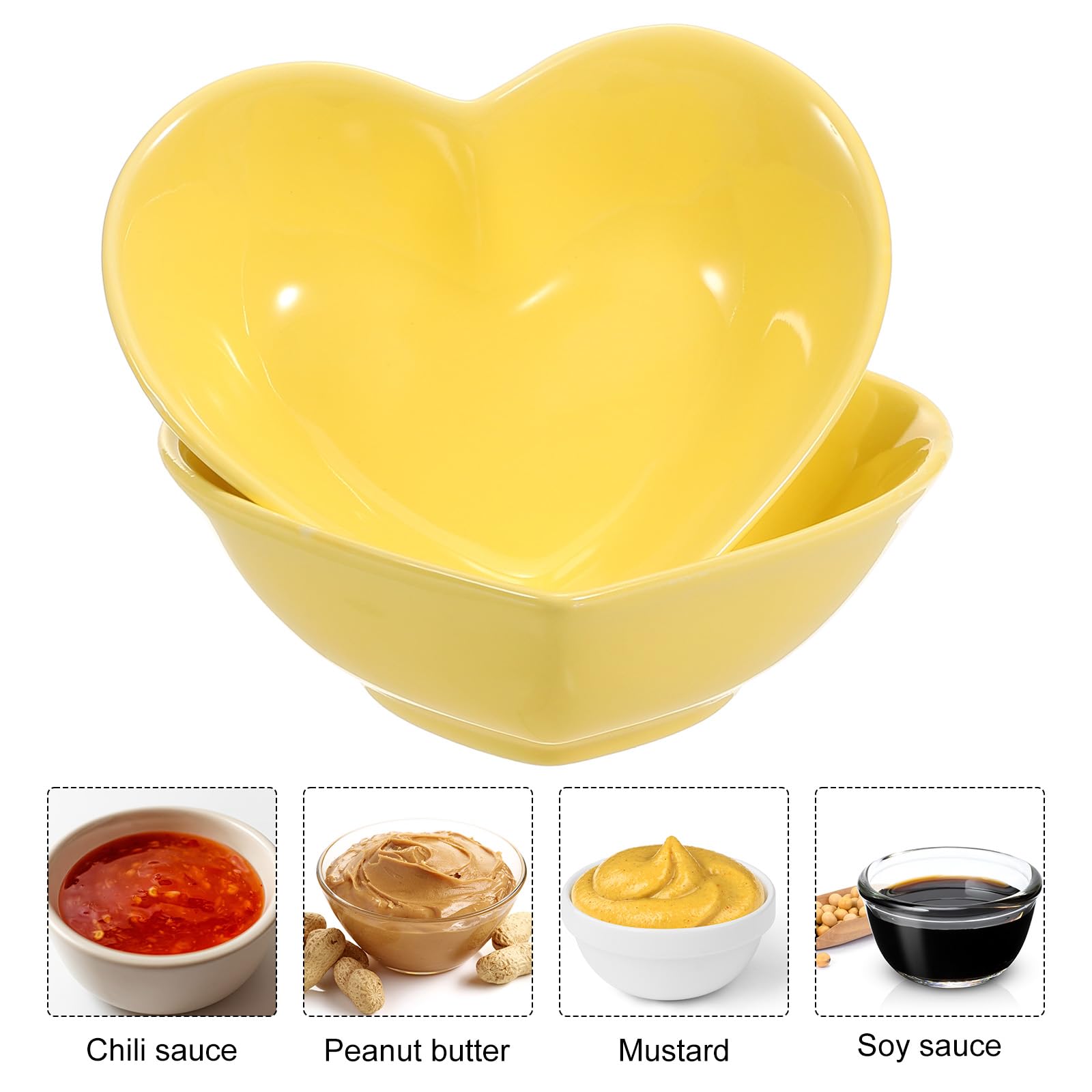 QUARKZMAN Plato Cerámico En Forma De Corazón Amarillo, Juego De 6 Platos Para Salsas De 5", Mini Platos Para Aperitivos Y Condimentos Para Cocina Hogar Bodas Fiestas Restaurantes