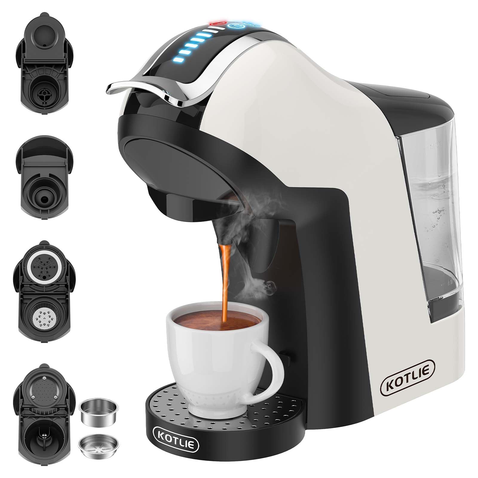KOTLIE EM-308A Macchina da caffè a capsule 5 in 1,per Nespresso Original/per Lavazza a modo mio/per Dolce Gusto/ESE(44mm)/Caffè in polvere,supporto per l'estrazione a freddo(Bianco)