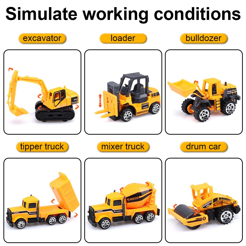 6 Piezas Mini Vehículo de Construcciones Juguete, Juego de Juguetes Camión de Construcción, Construcción Excavadora Camión de Juguete, Regalos de Cumpleaños para Niños a Partir de 3 Años