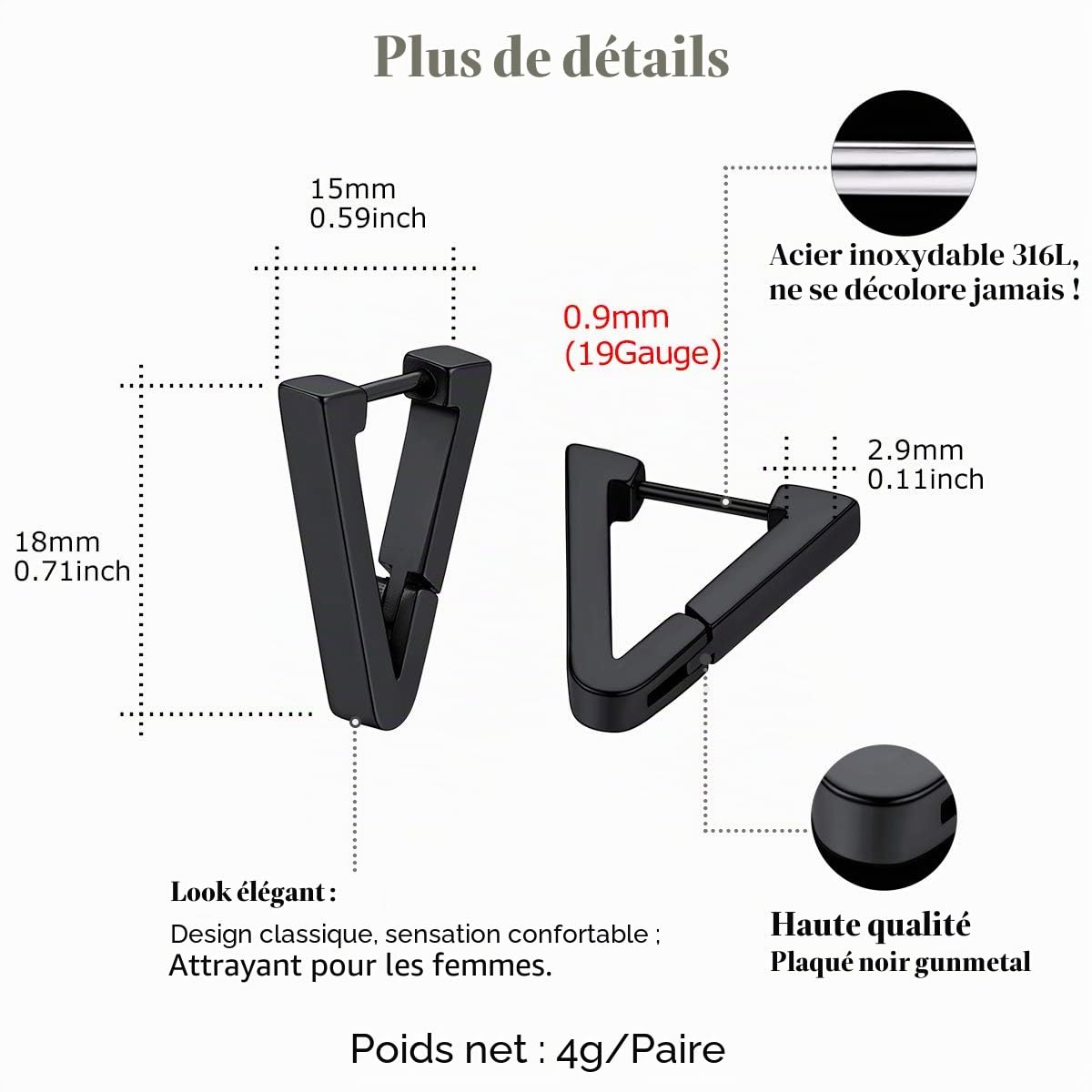 FOCALOOK Boucle d'Oreille Créole Homme Argent/Plaqué Or/Noir en Acier Inoxydable Petit Anneau Oreille Homme avec Boucle Bijou Cadeau avec Boîte