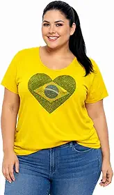 Blusa plus size M ao G5 com aplicação em pedras coração Brasil na Copa