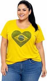 Blusa plus size M ao G5 com aplicação em pedras coração Brasil na Copa