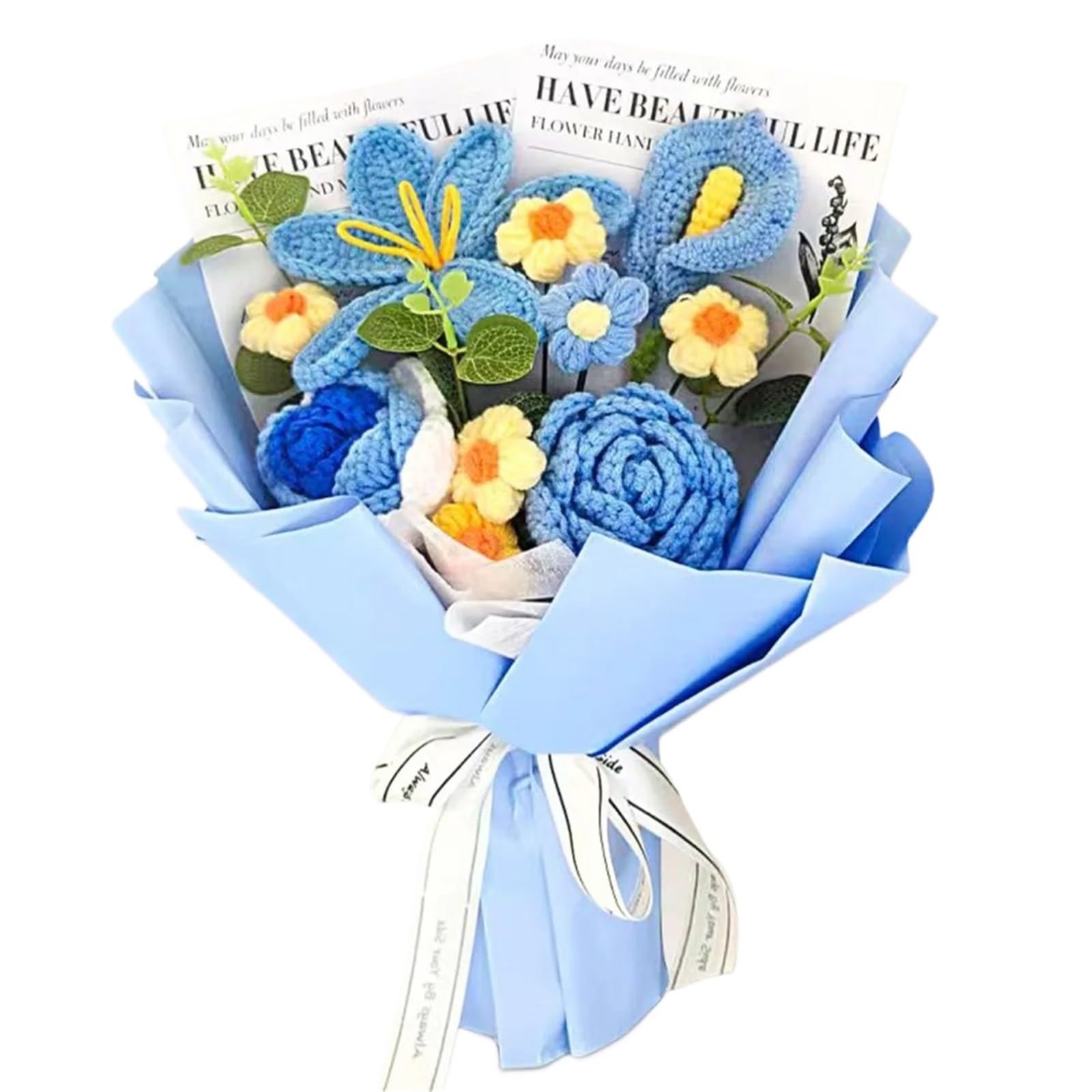 FCfpxwtz Artificial Crochet Flower, Handmade Crochet Tulip Bouquet Multicolor Mother's Day,Valentine's,Anniversary,Birthday(Blue)