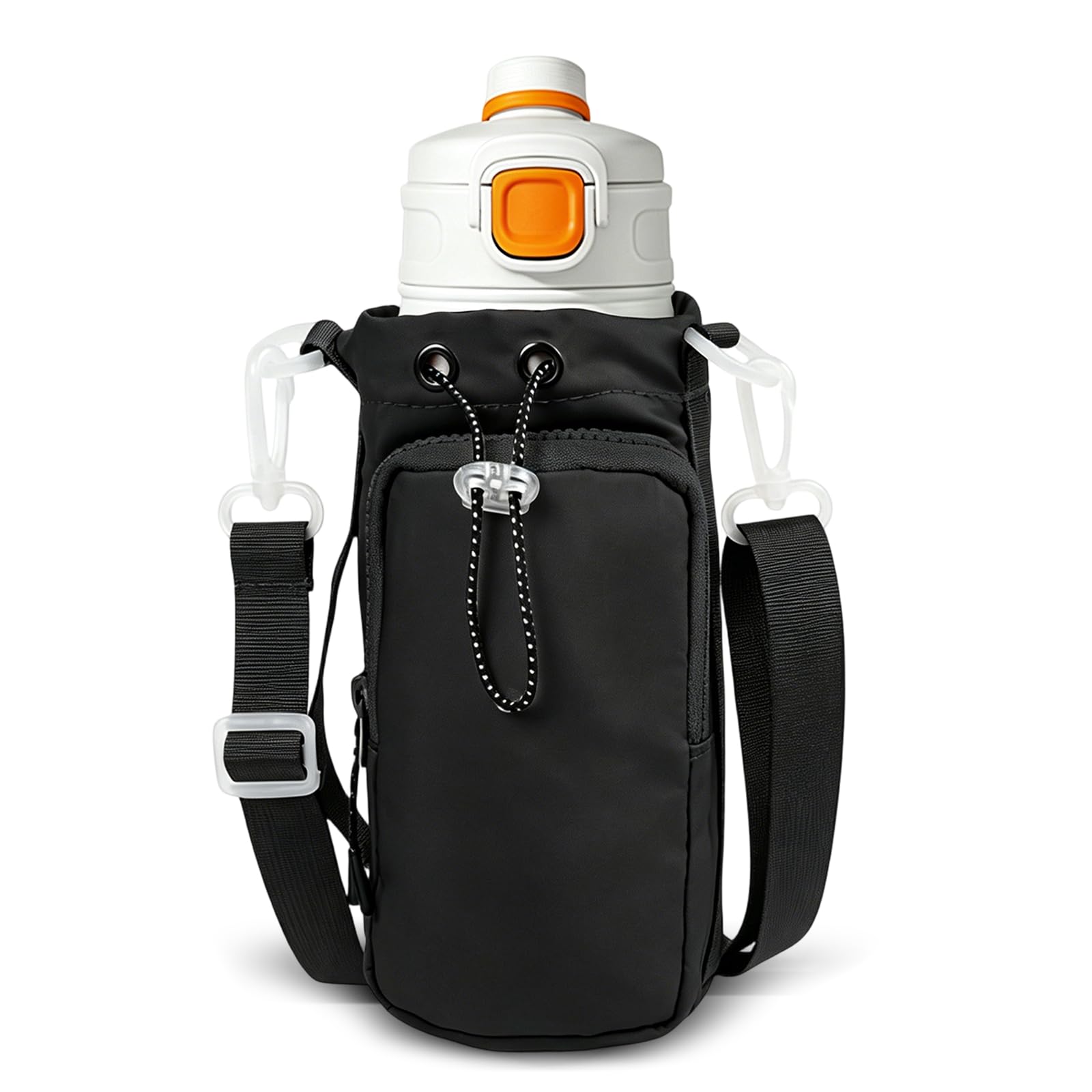 Hittriu Water Bottle Carrier Bag, 30-35oz Drinks Bottle Bag with Phone Pocket & Shoulder Strap & Handle, Crossbody & Shoulder Water Bottle Pouch for Walking Hiking Running (Black)