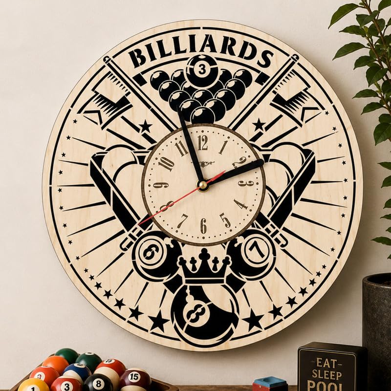 Billiards Wooden Wall Clock for Home Decor | Pool Table Sports Theme| Unique Gift for Men, Husband, Friend | Gaming Room, Cafe, Club & Man Cave Decoration-image-25