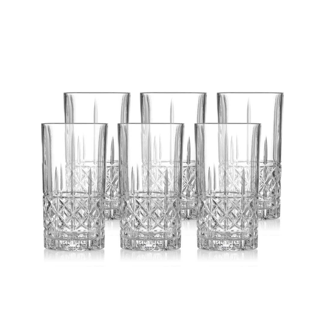 klink LONDON Camden Crystal Glass Highballs – Set of 6 Lead-Free Crystal Long Drink Glasses, 410ml Cross-Cut Geometric Cocktail & Water Glasses, Dishwasher Safe