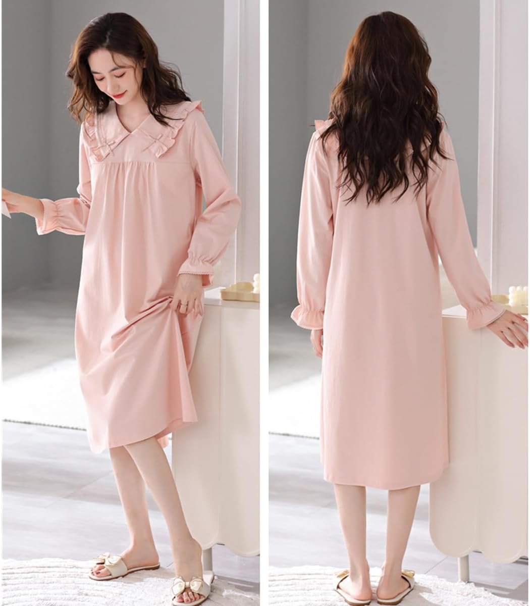 [AugZen] ルームワンピース レディース 長袖 ネグリジェ 綿 パジャマドレス 胸パット付き ロング丈 ワンピース レース 部