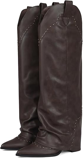 Women's Shark Studded Fold Over Knee High Boots Tall Pull-on Snip Toe Cowboy Cowgirl Slouch Boot Dress