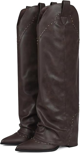Women's Shark Studded Fold Over Knee High Boots Tall Pull-on Snip Toe Cowboy Cowgirl Slouch Boot Dress