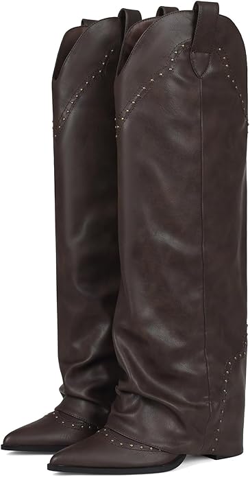 Women's Shark Studded Fold Over Knee High Boots Tall Pull-on Snip Toe Cowboy Cowgirl Slouch Boot Dress