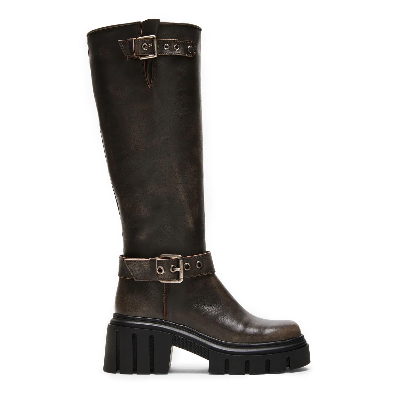 QIV Platform Knee High Chunky Boots for Women Biker Boots with Buckles Goth Combat Style