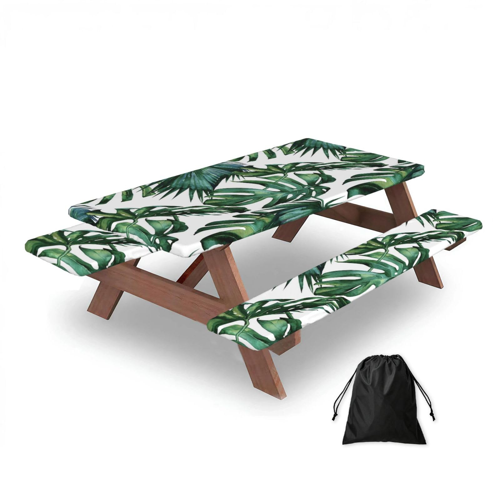 Dopklna As Picture Flourishing Palm Leaves, Picnic Table Cover With Bench Covers -Waterproof Elastic Fitted Tablecloth For Garden Camping Patio 76X152cm