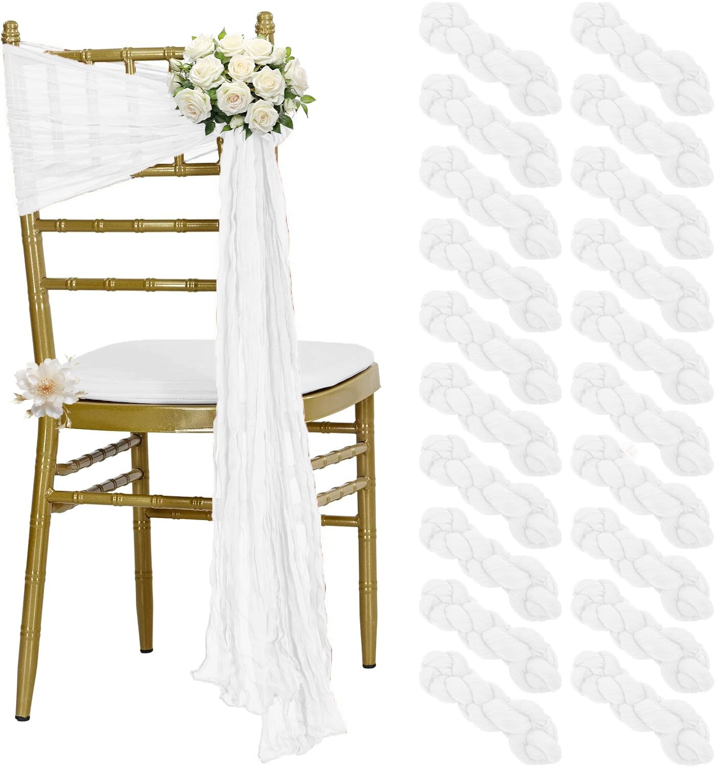 VDS Pack of 50 Cheesecloth Chair Sashes 44x180 cm, 100% Cotton Soft Gauze Fabric Rustic Chair Drapes Reusable Chair Bows for Wedding Party Chiavari Folding Aisle Dining Chairs Décor - White