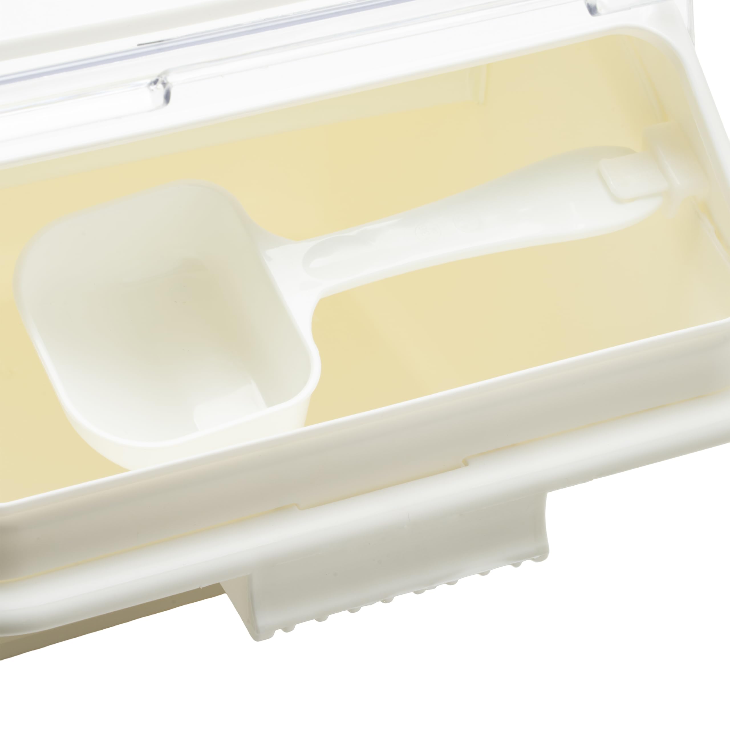 Condition photo showing As Is for winco 2 gallon white shelf ingredient bin | dishwasher safe, bpa-free, stackable, one-handed lid, scoop included, great for water, juice, soft drinks and cocktails