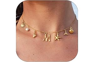 Gold Initial Charm Necklace with Seashells