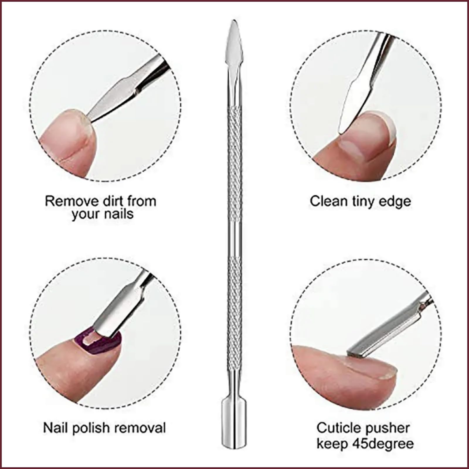 Hair Line Professional Stainless Steel Double Head Pointed Tip with Flat Cuticle Pusher Spoon Scraper Remover Pedicure Manicure Cleaner Nail Care Tool 3