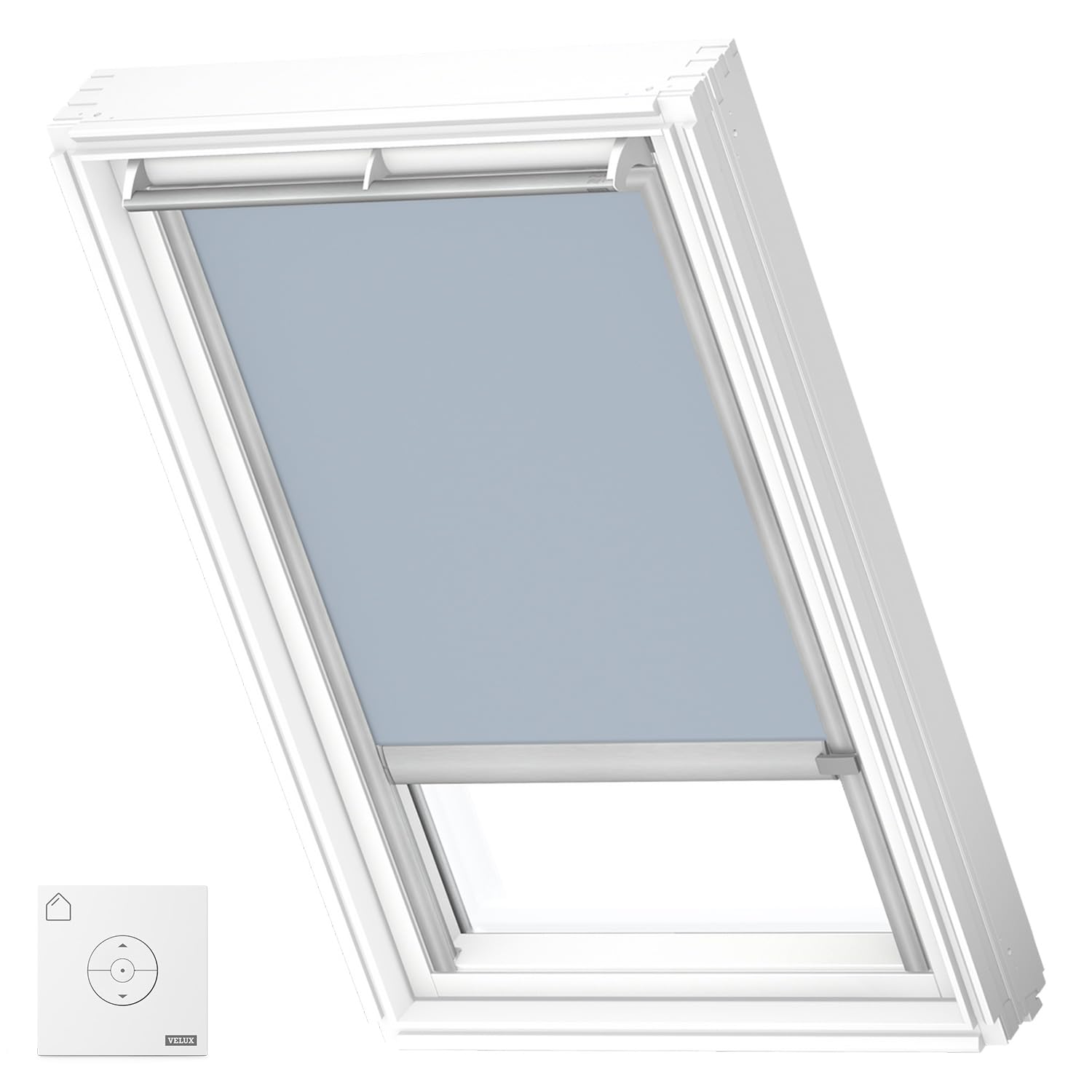 VELUX Original Solar Powered Blackout Roller Blind (DSL), Silver Frame, M08, M38, Light Blue