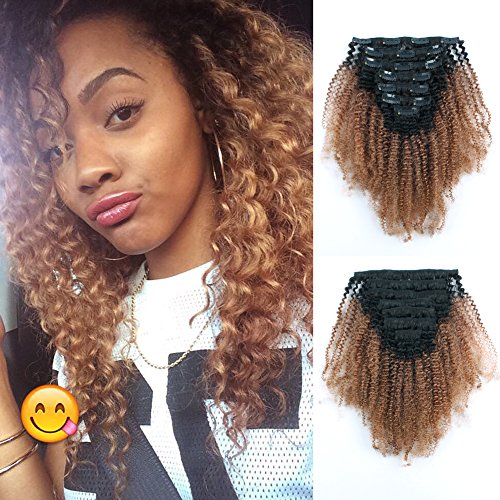 Lovrio Afro Kinkys Curly Clip in Human Extensions Double Weft Real Remy Hair for African American Ombre Tone Natural Black Fading into Light Auburn TN30 7 Pcs 120g 16 inch