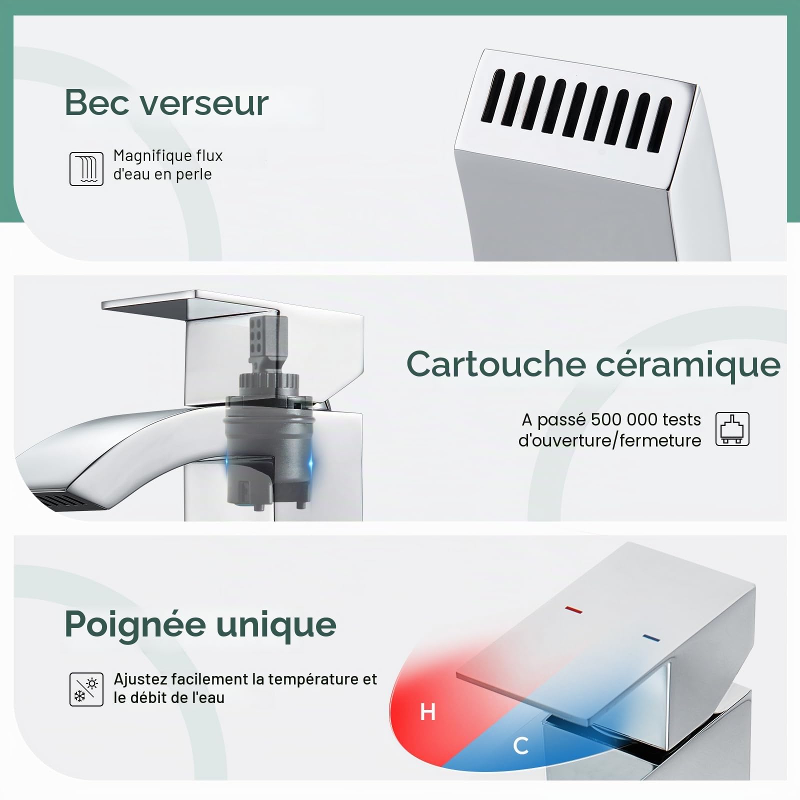 CREA Robinet Lavabo Cascade,Mitigeur Salle de Bain avec Bonde de Lavabo Pop-up, Moderne Mitigeur Lavabo Cascade, Robinet Salle de Bain avec Bec Grand,Chrom