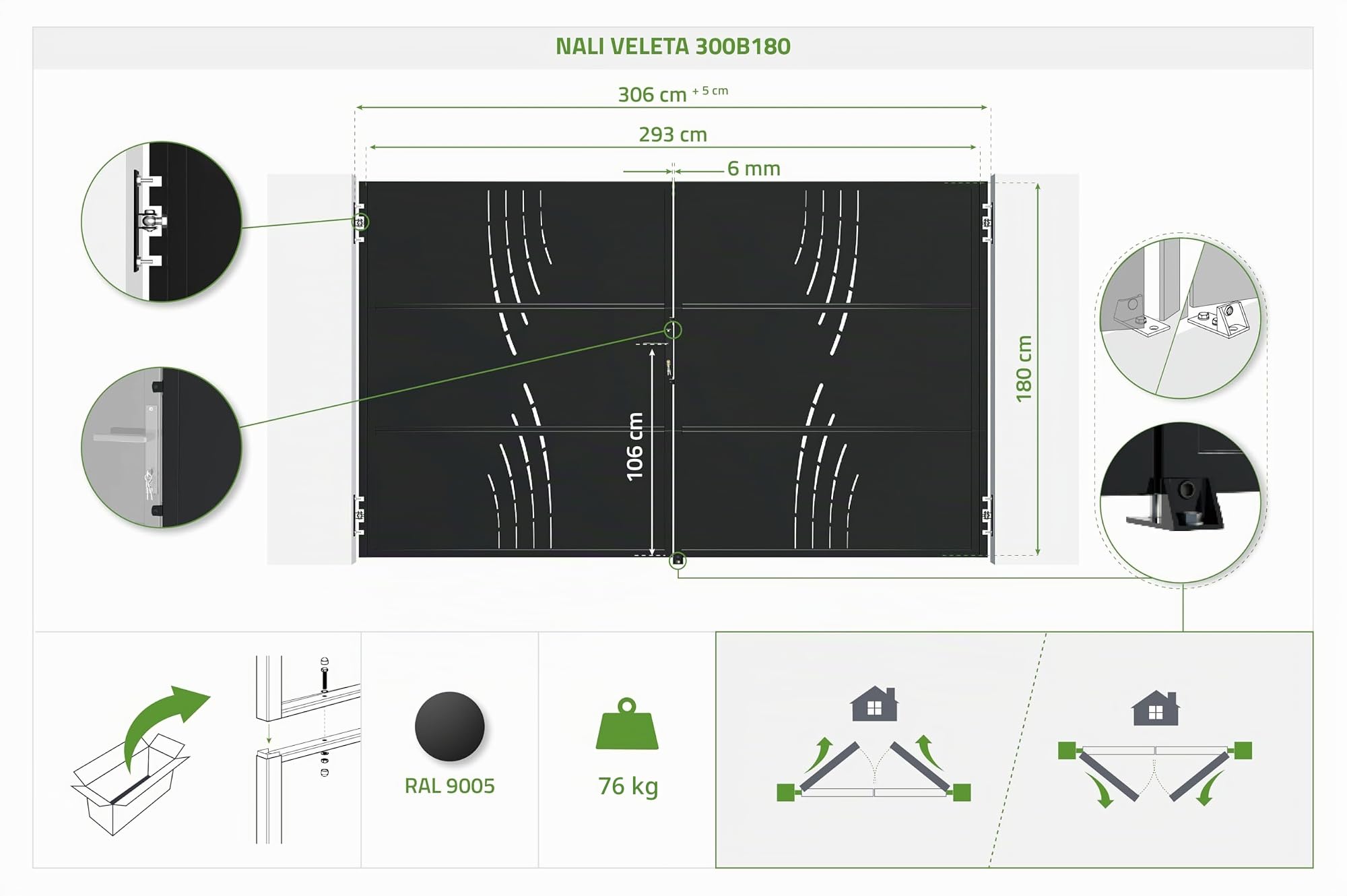 Casanoov Portail acier noir mat 3m NALI VELETA H.180cm