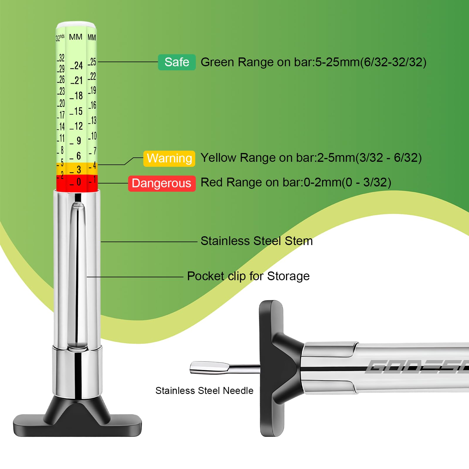GODESON Glow Reifenprofiltiefenmesser, 6-seitig, farbcodiert, Doppelskala, Reifentiefenmesser UK (1/32 Zoll & 25 mm), mit 4 Kappen, für Auto, LKW, Motorrad