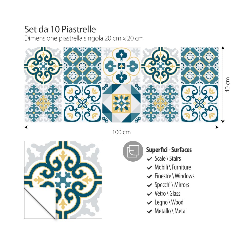 RE-COVERTILES - Adesivi per Piastrelle Bagno e Cucina 10 Pz 20x20 cm - PS00105 Decorazione murale in PVC Impermeabile mattonelle Mosaico Stile cementine Azulejos