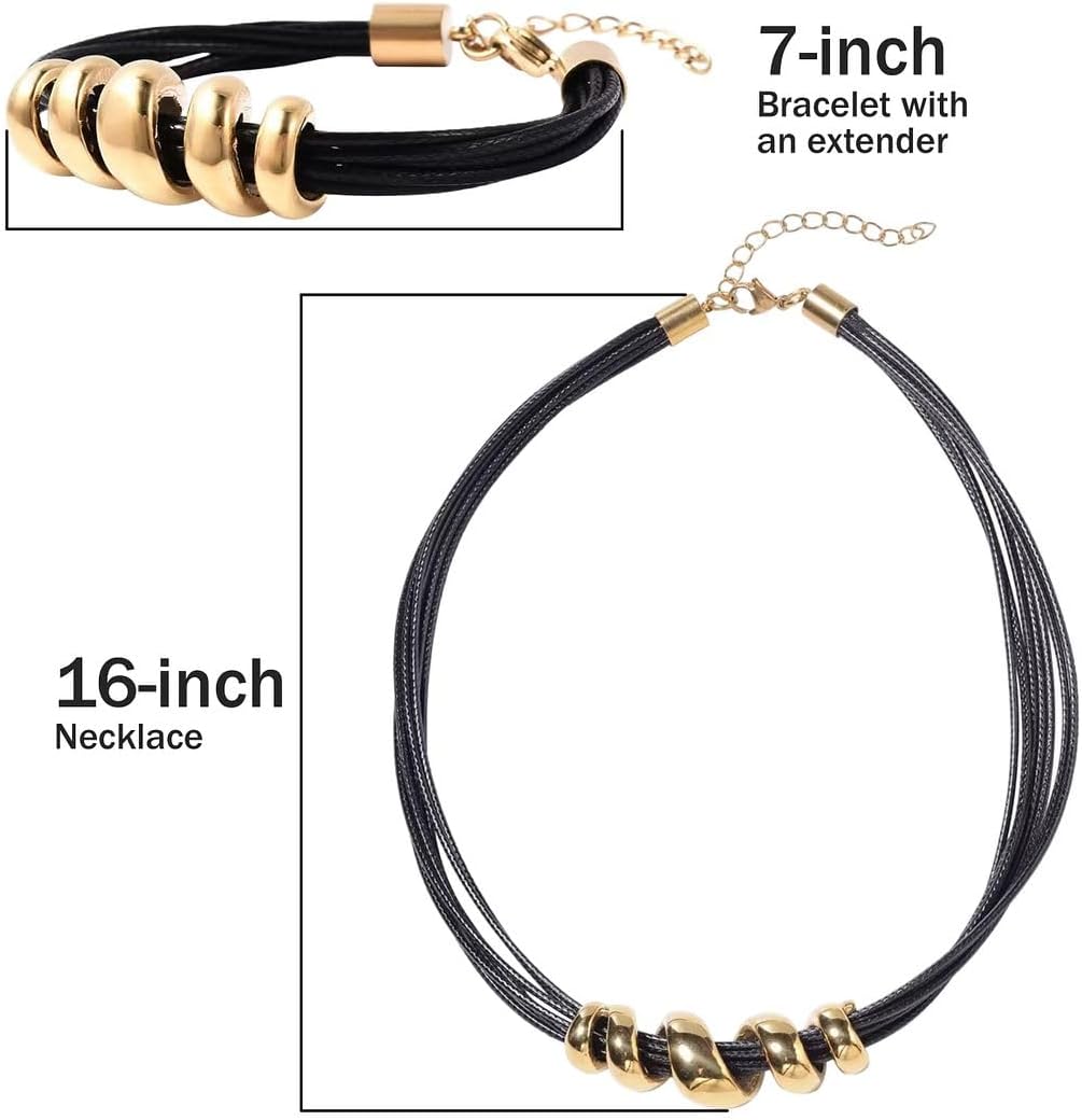 SHOP LC Leather Cord Choker Necklace for Women 16" & Cuff Bracelet 7" - Faux Boho Necklace Set Adjustable Lobster Claw Rope Jewelry Gifts